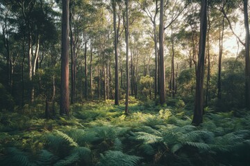 Obraz premium Eucalyptus forest landscape with sunlight filtering through trees in Australia, Australia forest nature landscape Eucalyptus trees and ferns in wilderness