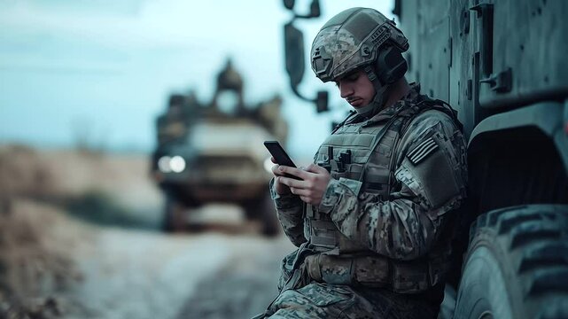 Soldier in full tactical gear leans against an armored vehicle, helmet pushed back, eyes fixed on his phone as he sends a quick message during patrol downtime.