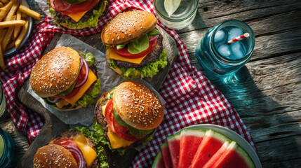 Summer Cheeseburgers with Fries, Watermelon, and Lemonade on Rustic Picnic Table