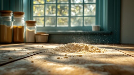 Flour dusting on wooden table by a window