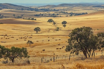 Vast Australian outback landscape with traditional livestock grazing under an expansive sky, Australia outback landscape of traditional livestock farmland om dry desert land