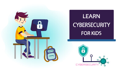 Boy using secure computer. Colorful Banner for teaching kids about cyber security. Vector illustration