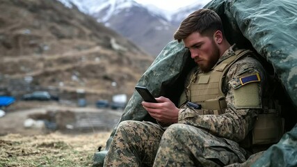 A soldier in a remote location types on a smartphone while sitting beneath a camouflage tarp, balancing between duty and personal connection.