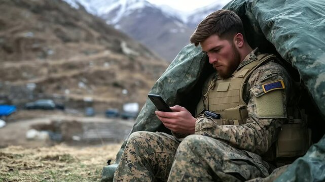 A soldier in a remote location types on a smartphone while sitting beneath a camouflage tarp, balancing between duty and personal connection.