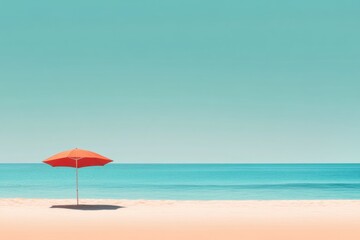 Experience tranquility on a minimal tropical beach featuring a red umbrella and a stunning ocean horizon perfect for relaxation and inspiration