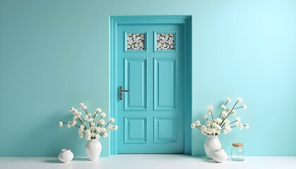 A turquoise door with floral patterns and two white vases with white flowers in front of it