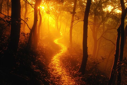 Golden path winding through a misty forest at sunrise.