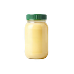 Fresh Organic Butter in a Smooth Yellow Glass Jar with a Green Lid, Isolated on a White Background, Ideal for Dairy, Kitchen, and Healthy Breakfast Spread Themes