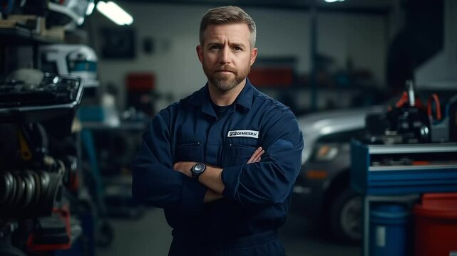 Portrait of auto specialist in navy jumpsuit with name patch, arms crossed, surrounded by brake pads, drive belts, and open tool drawers