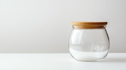 Empty glass jar with wooden lid on white surface