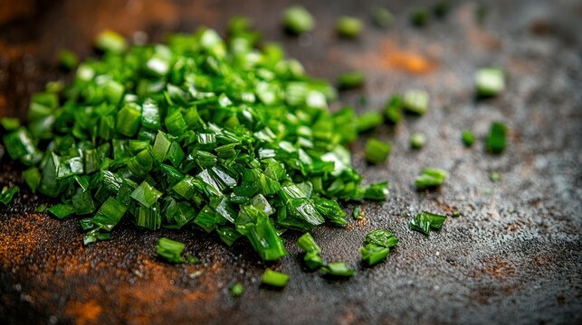 Freshly chopped chives on rustic surface - Powered by Adobe