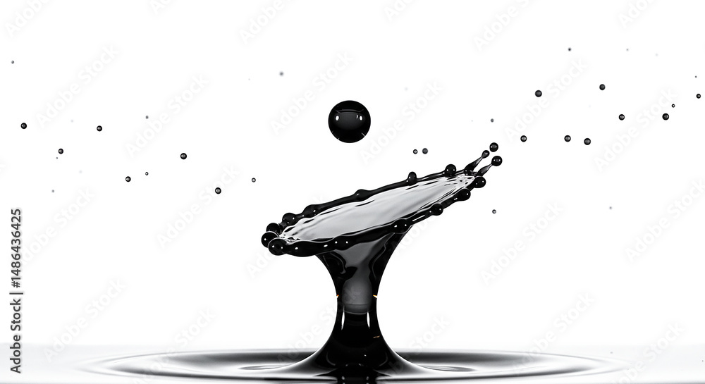 Poster Black drop splashing in liquid creating a crown shape with droplets