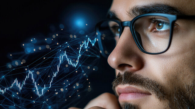 A close-up of a man wearing glasses observing a glowing stock chart