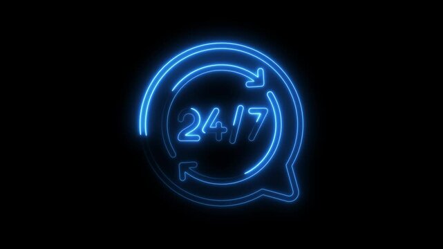 Glowing neon 24/7 customer service support availability animation on black background