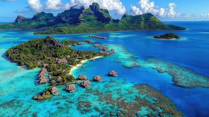 Tropical island resort complex with lush vegetation and turquoise waters.