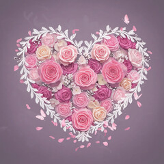 Heart Shaped Bouquet of Pink and White Roses with Floral Details - Romantic Design Element