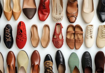 Various women's shoes arranged in rows, top view.  Different styles and colors.  Pairs of shoes displayed on a white background