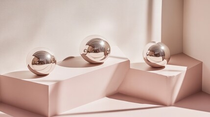 Three polished spheres on blush-toned platforms.