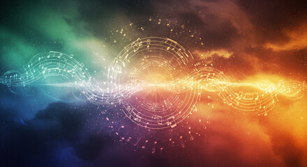 Abstract Musical Cosmos Illustration with Notes Staff and Starry Nebula Background - Cosmic Harmony Art