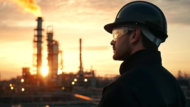 Industrial engineer with helmet merged into wide-angle refinery panorama, showing tall fractionating columns and tanks in glowing golden hour tones