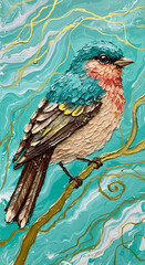 Textured Impasto Bird Painting with Colorful Feathers on Blue Teal Fluid Art Background - Wildlife Art