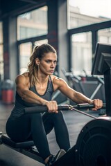 Fototapeta premium Woman Performing Rowing Machine Workout in Gym for Strength and Fitness 