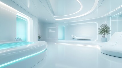 Futuristic biotech skin treatment center featuring advanced design elements and a serene minimalist atmosphere for advanced skincare solutions