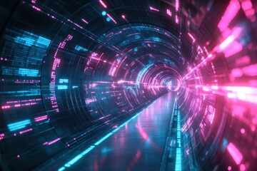 Glowing abstract digital tunnel with blue and pink lights creating a futuristic pathway, Abstract digital tunnel with glowing blue and pink lights