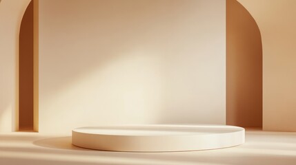 Minimalist beige studio product display platform with soft lighting