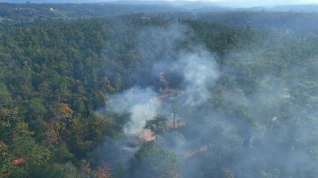 Aerial Panning Scenic Shot Of Smoke In Forest On Mountain During Sunny Day - Mae Wang District, Thailand