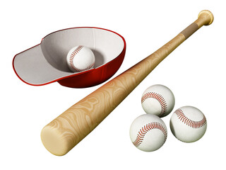 Baseball cap, ball and bat on transparent background.