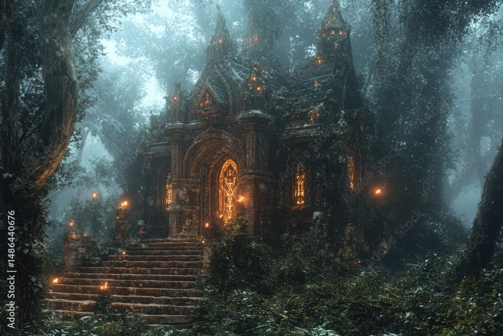 Poster exploring an enchanted forest temple illuminated by mystical lights and surrounded by ancient trees,