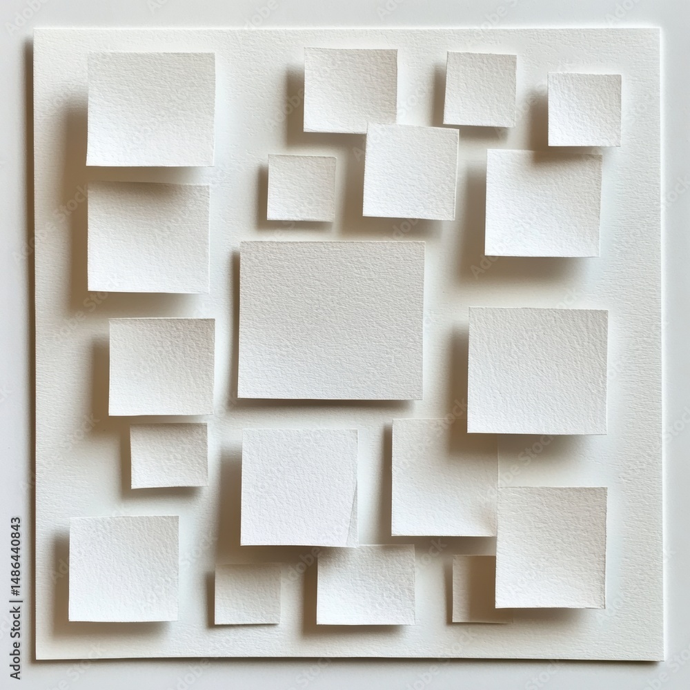 Poster hand-cut layered paper squares create an artistic composition with shadows and an empty area suitabl