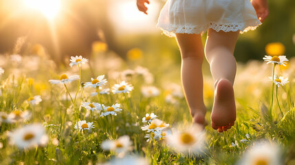 A child running barefoot through a meadow filled with daisies and the warmth of spring sunlight
