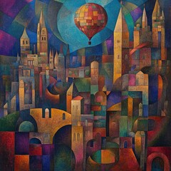 A Colorful Cityscape with a Hot Air Balloon