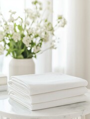 Stack of folded white sheets on a white marble table. the sheets are neatly folded and stacked on top of each other.