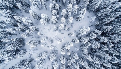 Snowy forest seen from high above, a winter wonderland.