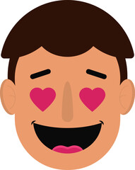 Cartoon male character showing love emotion with hearts in eyes and joyful smile.