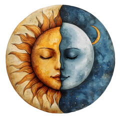 Sun and moon, featuring artistic representation of celestial harmony with vibrant sun and serene moon faces in circular design watercolor illustration isolated on transparent background. PNG, cutout.