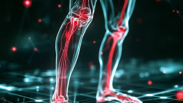 Transparent overlay image of skeleton&rsquo;s knee with visualized nerves firing pain signals, glowing red around joint as man applies pressure to leg
