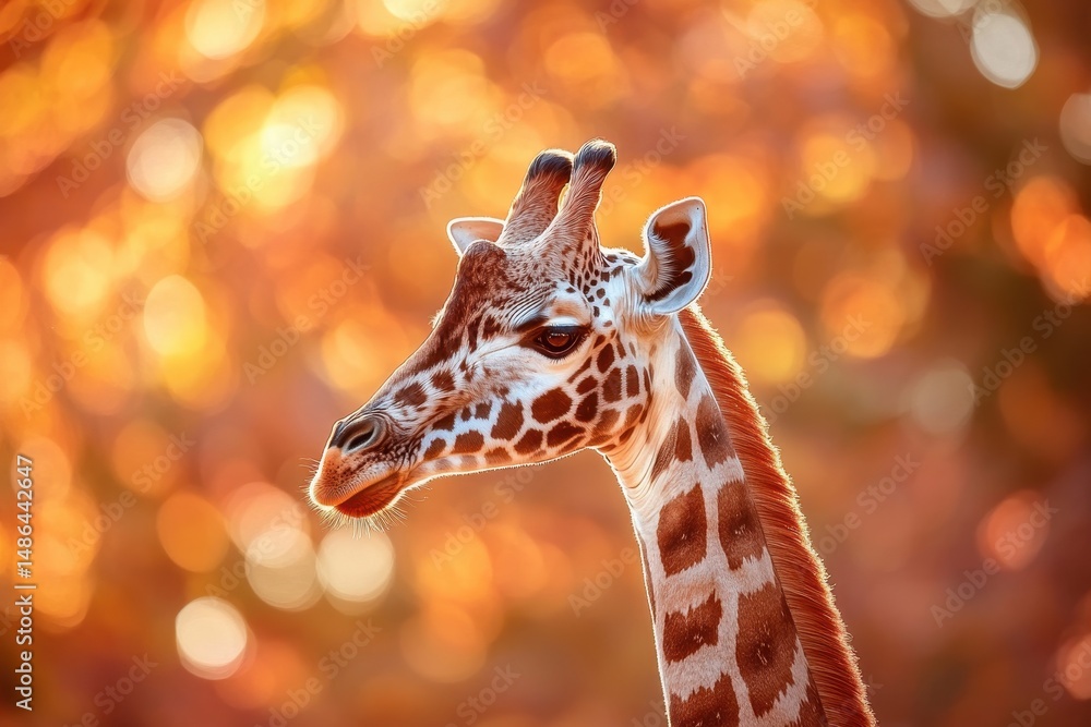 Poster closeup view of a giraffe with a stunning bokeh background in warm autumn hues, closeup of giraffe a