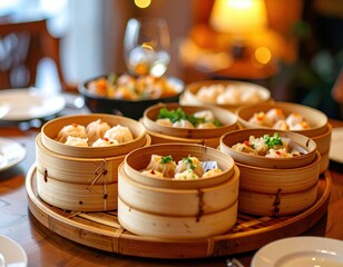 Bamboo steamers with dim sum assortment on round table