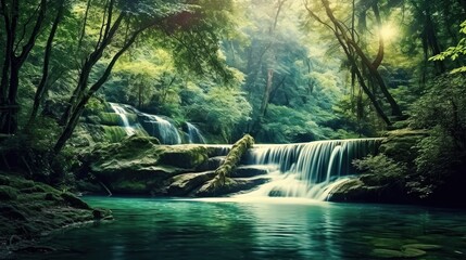 Serene Waterfall Cascades in Lush Green Forest Light