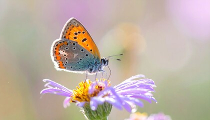 Obraz premium Vibrant Butterfly Perched On A Purple Flower With Soft Bokeh Background
