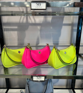 Kate Spade Outlet Display, Colorful Pink and Green Kate Spade Shoulder Bags, Shopping, Lifestyle, Display inside Kate Spade Outlet
