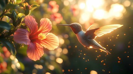 A close-up of a hummingbird hovering near a blooming hibiscus, its iridescent feathers shining in the sunlight