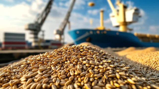 Close-up of golden wheat grains piled high on a port dock, cargo ship in the background, with cranes loading the shipment. Grain export for global trade, agricultural economy