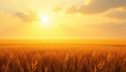 Fototapeta premium - Golden expanse shimmers, hazy sunbeams pierce the mist, wheat stalks sway gently, a dreamlike serene landscape, nature, field