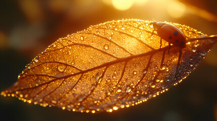 A close-up of a ladybug resting on a dew-covered leaf in the golden light of morning