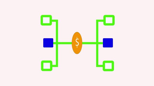 An abstract illustration depicting a financial network. Central dollar symbol surrounded by interconnected nodes and lines in vibrant colors.